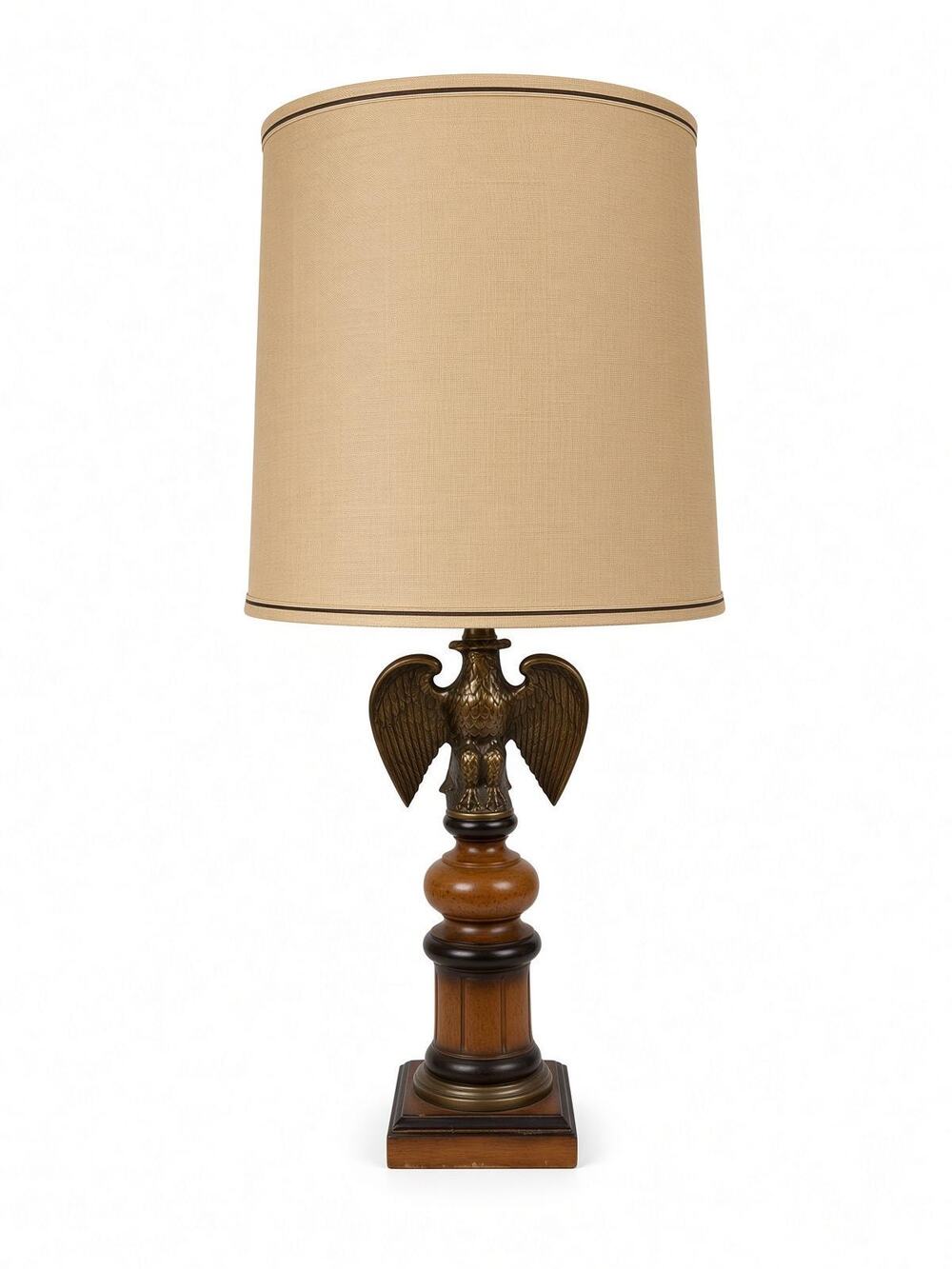 Vintage Wood Brass Table Lamp Eagle Finial Federal Style Americana Burlap Shade